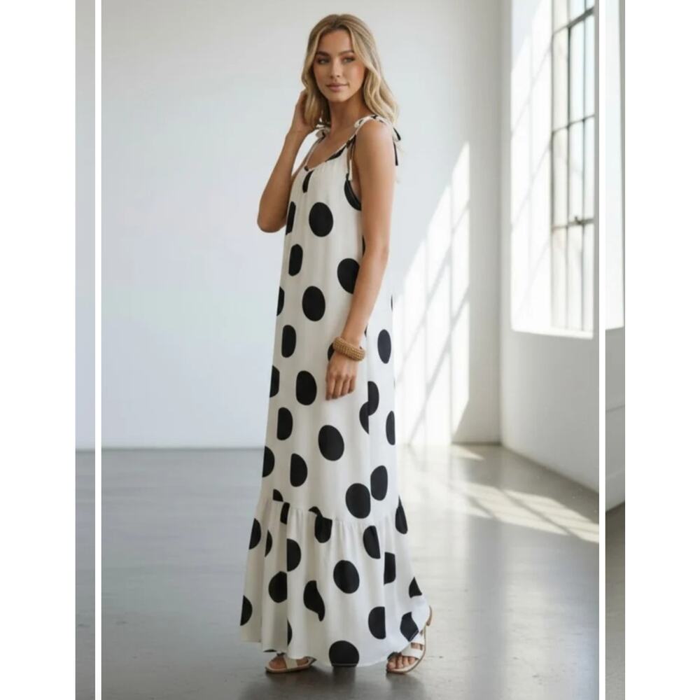 Oddi Polka White Black Dot Tassel Tie-Strap NWT Tiered Maxi Dress Large - Picture 3 of 13